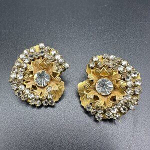Vintage Signed Miriam Haskell Flower Gold Tone Rhinestone Earrings